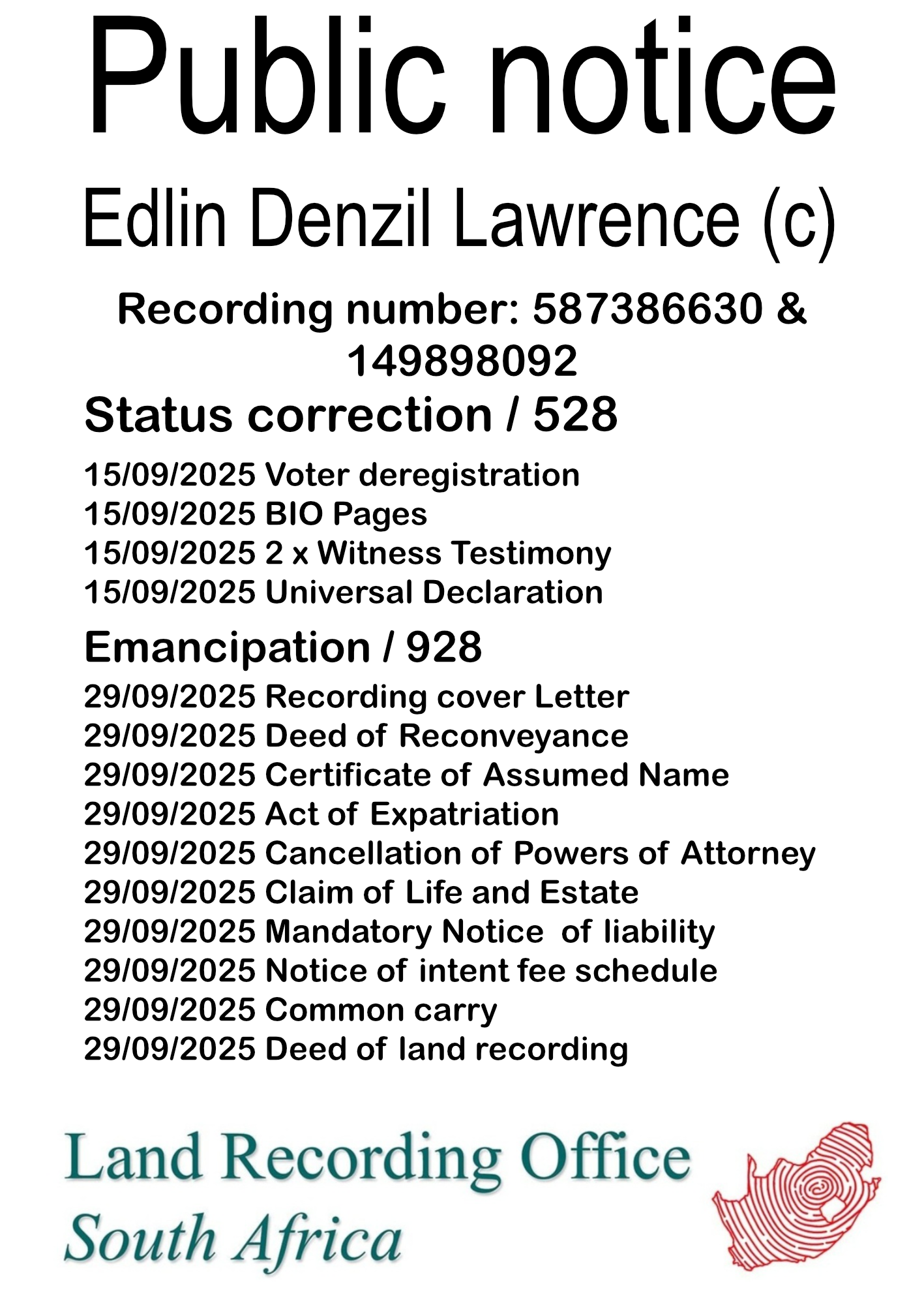 Public notice Edlin Denzil Lawrence Recording number 587386630 & 149898092